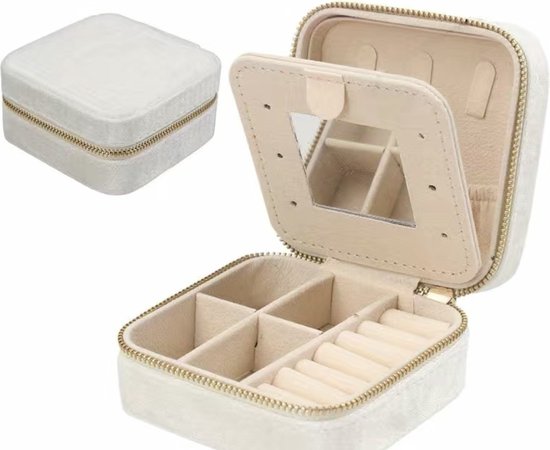 Sieradendoosje - Sieraden Organizer - Sieraden Reis Box - Sieradenbox - Sieradendoos - Fluweel - Beige - Trendy