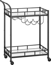 Serveerwagen - trolley - Met 2 glazen planken - Metalen frame - Zwart