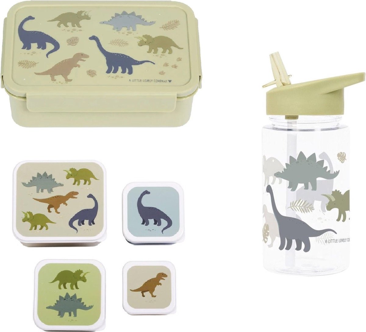 Back to school set - Drinkfles / 4 Snackdozen / Lunchbox - Dinosaurus - A Little lovely company