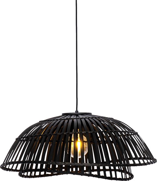 QAZQA pua - Oosterse Hanglamp voor boven de eettafel | in eetkamer - 1 lichts - Ø 62 cm - Zwart - Woonkamer | Slaapkamer | Keuken