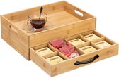 Theebox bamboe theekui - opslag 12 vakken doos voor theezakjes - plank met handvat en lade - opbergbox organizer - lichtbruin
