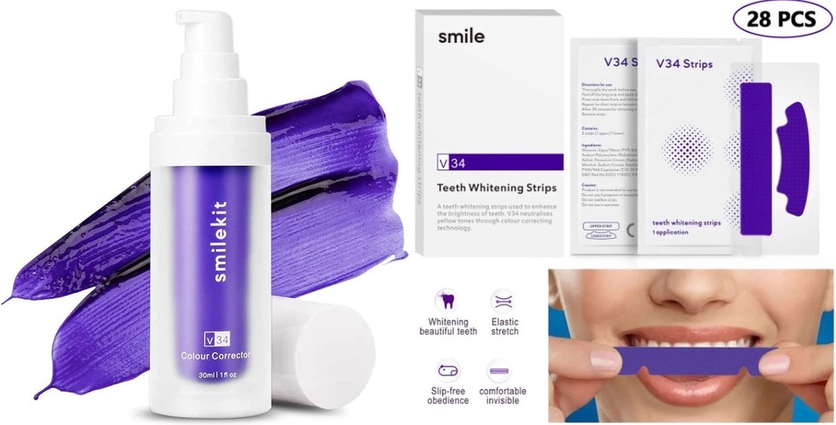 Smilekit - Tandenbleekset - V34 Colour Corrector Serum & V34 Colour Corrector Whitening Strips - Witte Tanden - Paarse Tandpasta - Teeth Whitening - Hismilekit - Kleurcorrector- - Hismile - hismilekit - smilekit