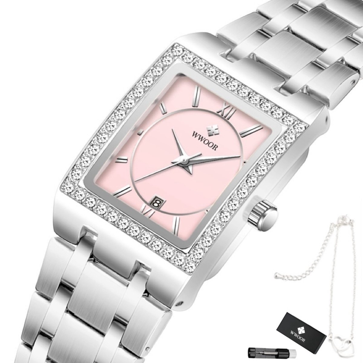 WWOOR - Horloge Dames - Cadeau voor Vrouw - 34 mm - Zilver Roze