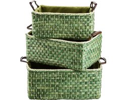 Set of 3 Woven Storage Baskets, Corn Straw Organizer Bin with Handle, Handwoven Basket Set for Organizing Bedroom, Living Room, Laundry Room, Kitchen or Office, Green