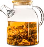 Theepot glas 1,5 liter met deksel gemaakt van bamboe - Filter in de tuit - Voor warme en koude dranken - Vaatwasmachinebestendig