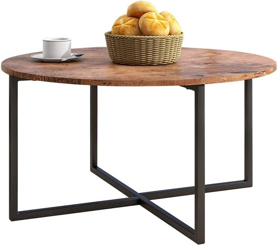 Ronde salontafel, bijzettafel, koffietafel, metalen onderstel en een tafelblad van hout, industrieel en Scandinavisch interieurdesign, woonkamertafel, modern, zwart