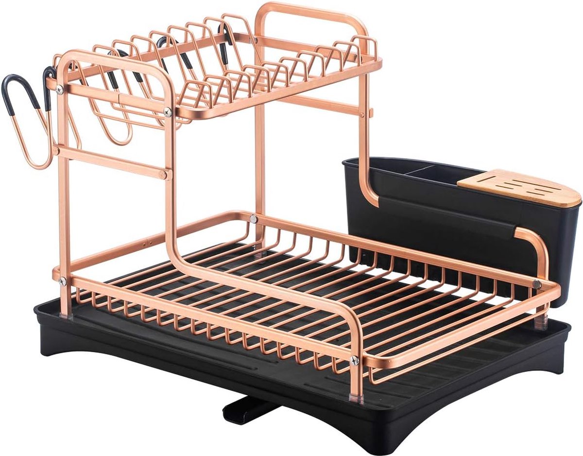 Goedkoopste Afdruiprek 2 niveaus, aluminium afdruiprek met bekerhouder en bestekhoudermand, afdruiprek met draaibare uitloop, goudkleurig