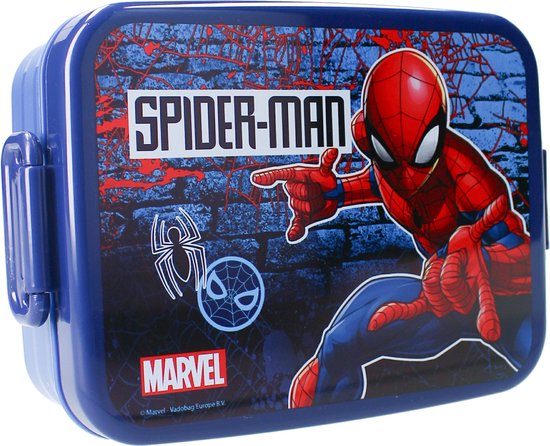 Boîte à lunch bleue avec Spiderman qui pointe, briques et toiles d'araignées.