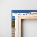 Arrière d'une toile imprimée Artaza avec cadre en bois et système de suspension. Bordure avec ciel bleu.