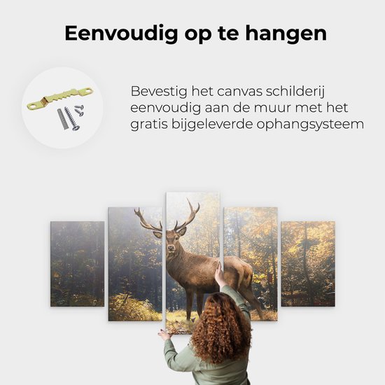 Artaza Peinture sur toile Pentaptyque Cerf debout dans une forêt d'automne - 100x50 - Photo sur toile - Impression sur toile