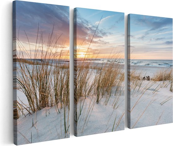 Artaza Canvas Schilderij Drieluik Strand en Zee vanuit Duinen - 150x100 - Groot - Foto Op Canvas - Canvas Print