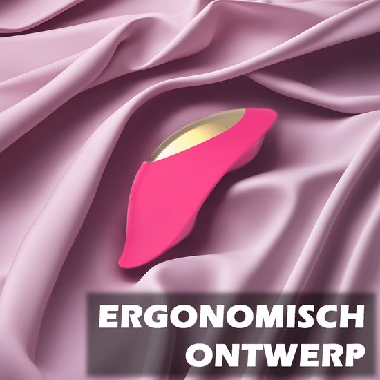Roze clitoris stimulator met gouden accent, liggend op roze satijn. Tekst: Ergonomisch ontwerp.