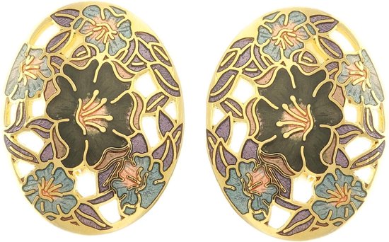 Behave Boucle d'oreille clip femme dorée florale multicolore ovale