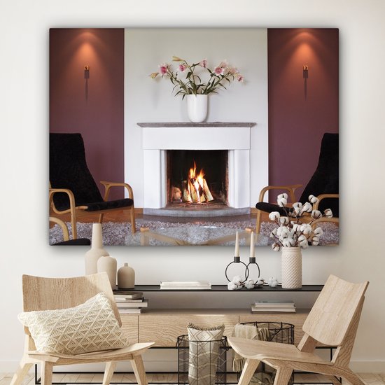 Une cheminée dans un salon 160x120 cm - Tirage photo sur toile (Décoration murale salon / chambre) XXL / Grand format!