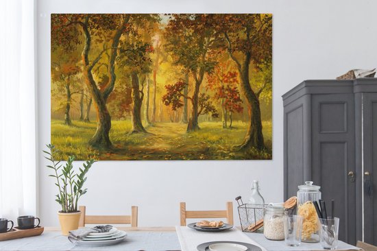 Une illustration d'une forêt au soleil d'automne sur toile 180x120 cm - Tirage photo sur Toile (Décoration murale salon / chambre) / Arbres Peintures sur toile XXL / Groot format!