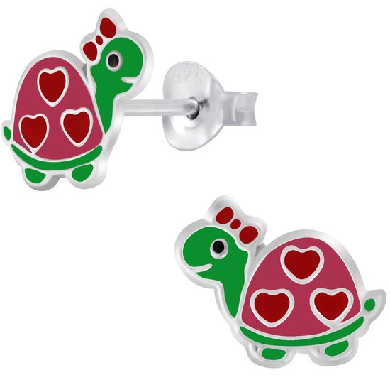 Joy|S - Zilveren schildpad oorbellen - 10 mm - met rode hartjes