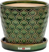 Pot de fleurs en céramique Ø 15 cm, pot décoratif pour plantes, vintage, avec bac collecteur, motif écailles de poisson, vert