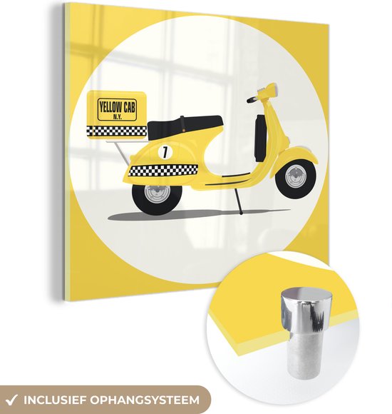 MuchoWow® Glasschilderij 50x50 cm - Schilderij acrylglas - Illustratie van een Vespa als taxi - Foto op glas - Schilderijen