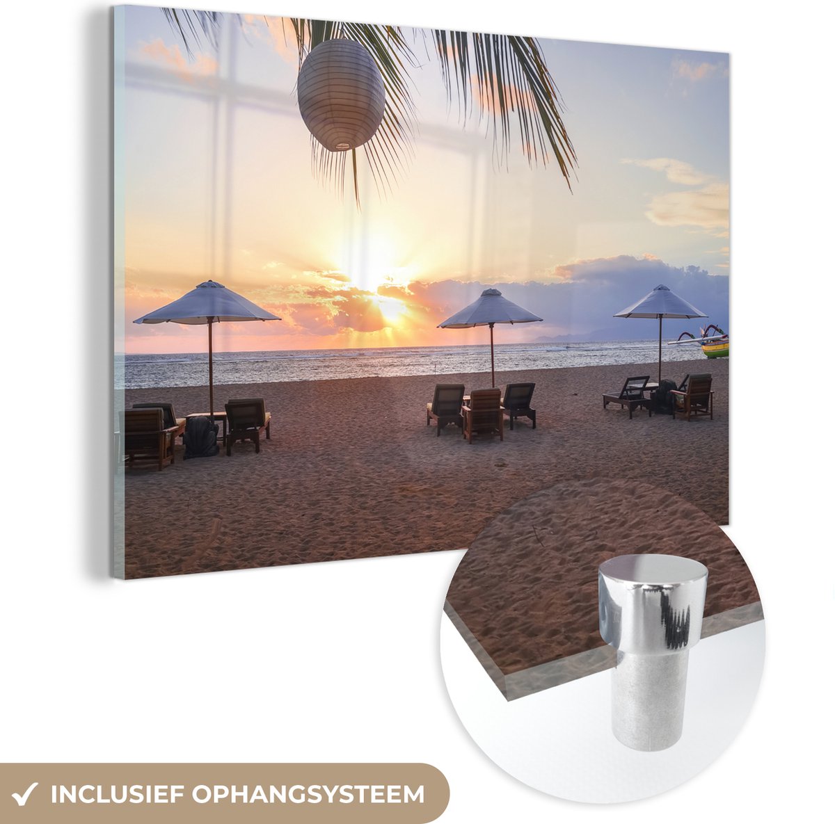 ® Glasschilderij 60x40 cm - Schilderij acrylglas - Parasol - Zonsondergang - Palm - Foto op glas - Muurdecoratie woonkamer - Wanddecoratie slaapkamer - Schilderijen
