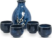 Vaisselle japonaise Bouteille à saké 8 cm de large 11 cm de haut plus tasses à saké 4 pièces 4,3 cm de large 3,7 cm de haut Hana porcelaine d'excellente qualité couleurs bleu blanc fleurs noires.