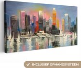 Canvas - Olieverf - Schilderij - Skyline - Boot - Water - Muurdecoratie - 80x40 cm - Wanddecoratie - schilderijen op canvas