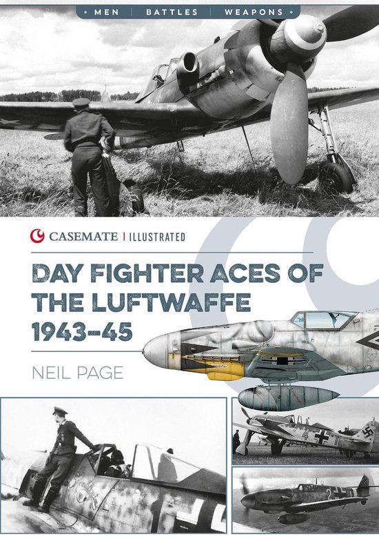 Couverture de livre avec 'Day Fighter Aces of the Luftwaffe 1943-45' et des photos d'avions de chasse.