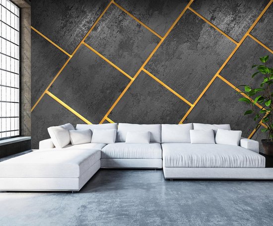 Papier peint photo Concrete XXL - Géométrique Industriel - 368 x 254 cm - or gris-jaune