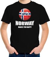 Norway makes you happy landen t-shirt Noorwegen zwart voor kinderen met Emoticon M (134-140)