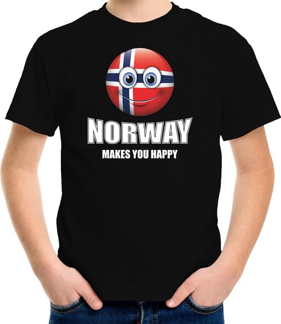 Norway makes you happy landen t-shirt Noorwegen met emoticon - zwart - kinderen - Noorwegen landen shirt met Noorse vlag - EK / WK / Olympische spelen outfit / kleding 134/140