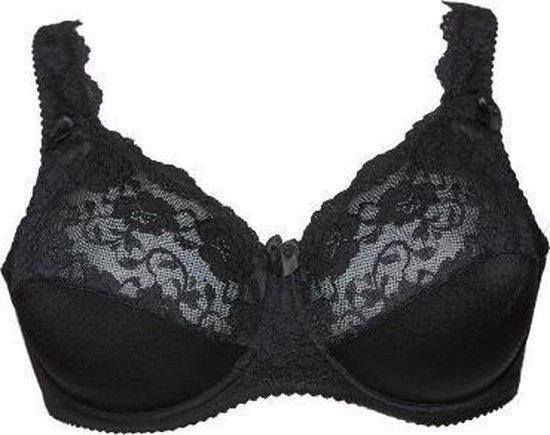 Soutien-gorge noir avec armature en dentelle, orné d'un nœud et de bords décoratifs en haut.