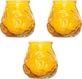 3x Gele mini lowboy tafelkaarsen 7 cm 17 branduren - Kaars in glazen houder - Horeca/tafel/bistro kaarsen - Tafeldecoratie - Tuinkaarsen