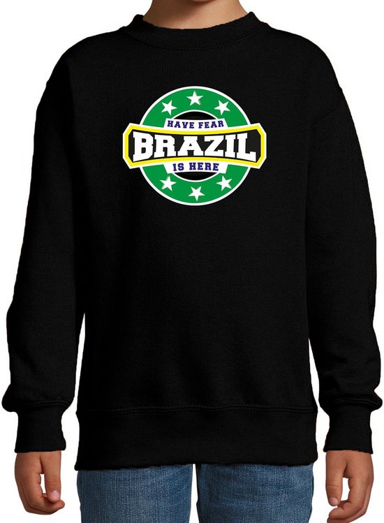 Have fear Brazil is here sweater met sterren embleem in de kleuren van de Braziliaanse vlag - zwart - kids - Brazilie supporter / Braziliaans elftal fan trui / EK / WK / kleding 134/146