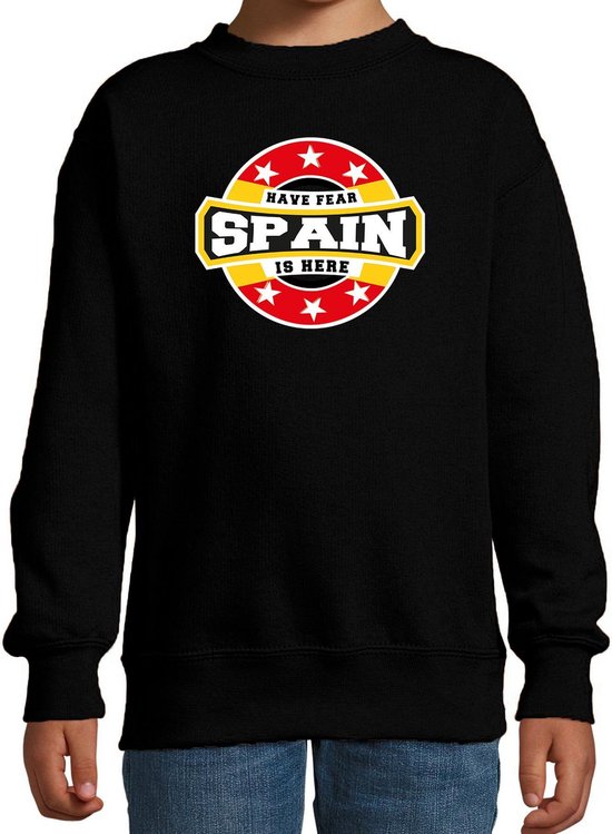 Have fear Spain is here sweater met sterren embleem in de kleuren van de Spaanse vlag - zwart - kids - Spanje supporter / Spaans elftal fan trui / EK / WK / kleding 134/146