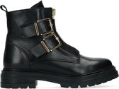 Manfield - Dames - Zwarte biker boots met gouden gespen en rits - Maat 38