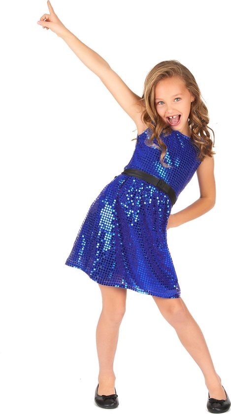 NINGBO PARTY SUPPLIES - Blauwe glitter disco jurk voor meiden - 128/134  (8-9 jaar) | bol.com