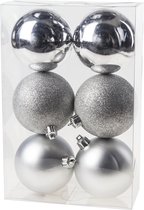 6x Zilveren kunststof kerstballen 8 cm - Mat/glans/glitter - Onbreekbare plastic kerstballen - Kerstboomversiering zilver