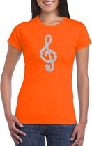 Zilveren muzieknoot G-sleutel / muziek feest t-shirt / kleding - oranje - voor dames - muziek shirts / muziek liefhebber / outfit M