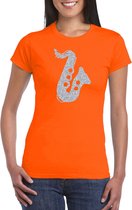 Zilveren saxofoon / muziek t-shirt / kleding - oranje - voor dames - muziek shirts / muziek liefhebber / jazz / saxofonisten outfit XS