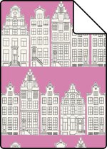 Proefstaal ESTAhome behang Amsterdamse huizen roze - 137714 - 26,5 x 21 cm