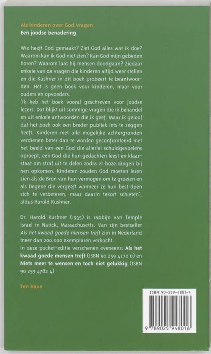 Achterkant groen boek met tekst over de inhoud en auteur Harold Kushner, ISBN en barcode.