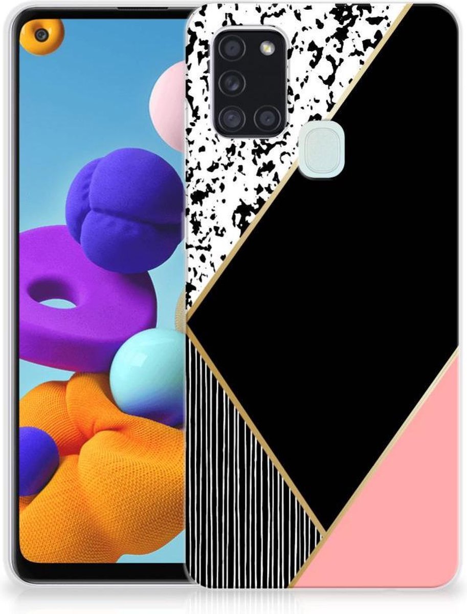Samsung Galaxy A21s TPU Hoesje Zwart Roze Vormen