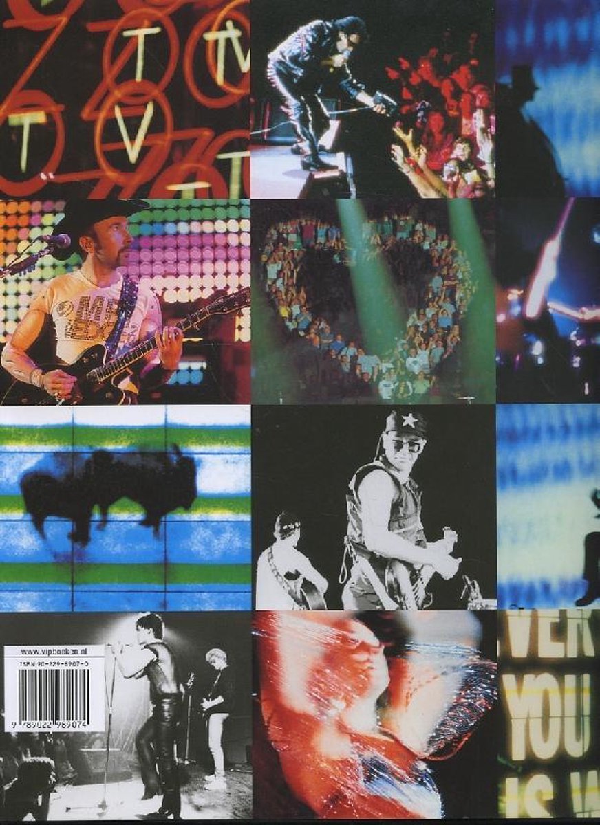 Collage van concertfoto's: Bono met gitaar, publiek in hartvorm, een silhouet van een bizon, en meer.