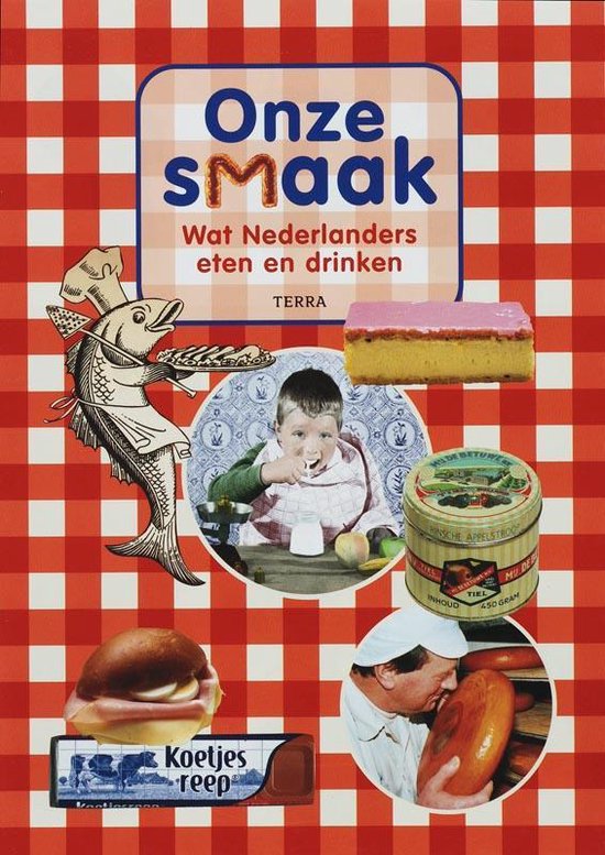 Boekomslag met collage: vis met koksmuts, kind eet, gebak, blikje, broodje, man snuift aan donut. Rode geblokte achtergrond.