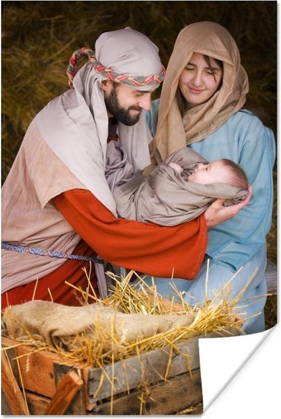 Geboorte van Jezus met Maria en Jozef tijdens kerst poster 80x120 cm Foto print op...