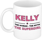 Naam cadeau Kelly - The woman, The myth the supergirl koffie mok / beker 300 ml - naam/namen mokken - Cadeau voor o.a verjaardag/ moederdag/ pensioen/ geslaagd/ bedankt