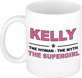 Naam cadeau Kelly - The woman, The myth the supergirl koffie mok / beker 300 ml - naam/namen mokken - Cadeau voor o.a  verjaardag/ moederdag/ pensioen/ geslaagd/ bedankt