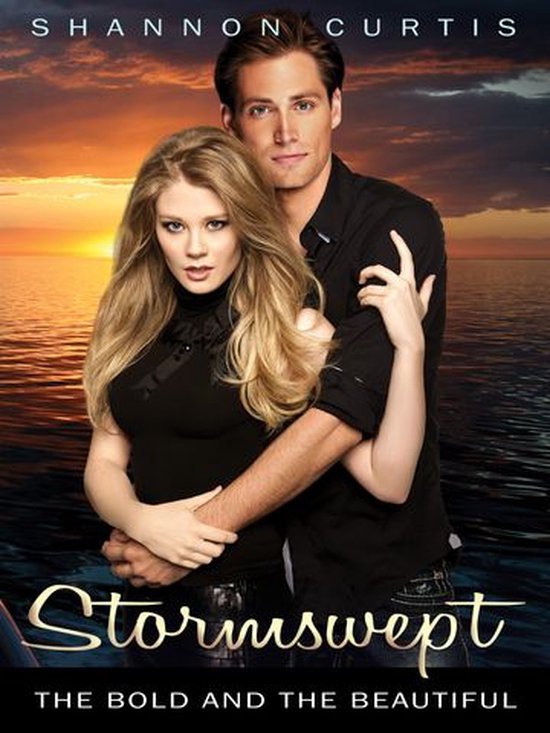 Een man en vrouw omhelzen elkaar op zee bij zonsondergang. Titel: Stormswept. Auteur: Shannon Curtis.