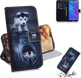 Wolf en hond patroon gekleurde tekening horizontale lederen flip case voor Huawei Y6 (2019), met houder & kaartsleuven en portemonnee