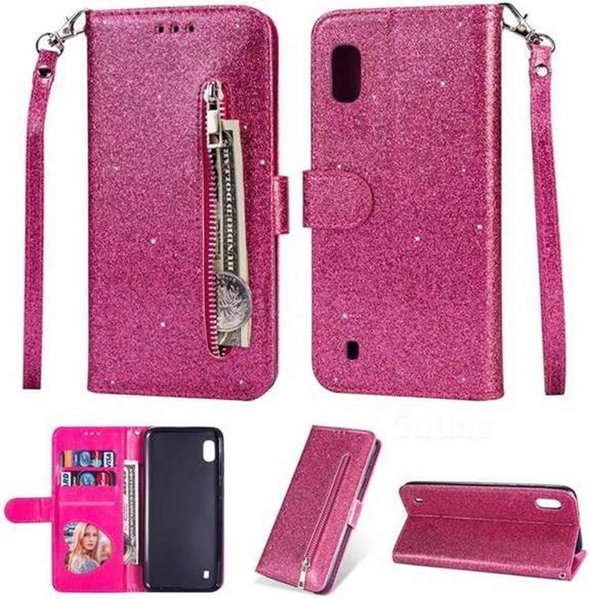 Samsung Galaxy A01 Glitter Bookcase hoesje Portemonnee met rits - Roze