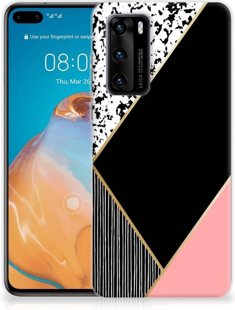 Huawei P40 TPU Hoesje Zwart Roze Vormen
